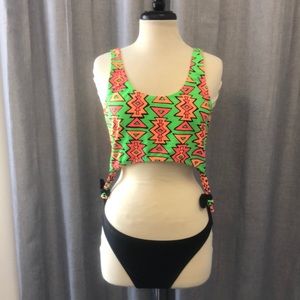 Neon Tribal Cutout One-Piece Bikini - Green & Pink
